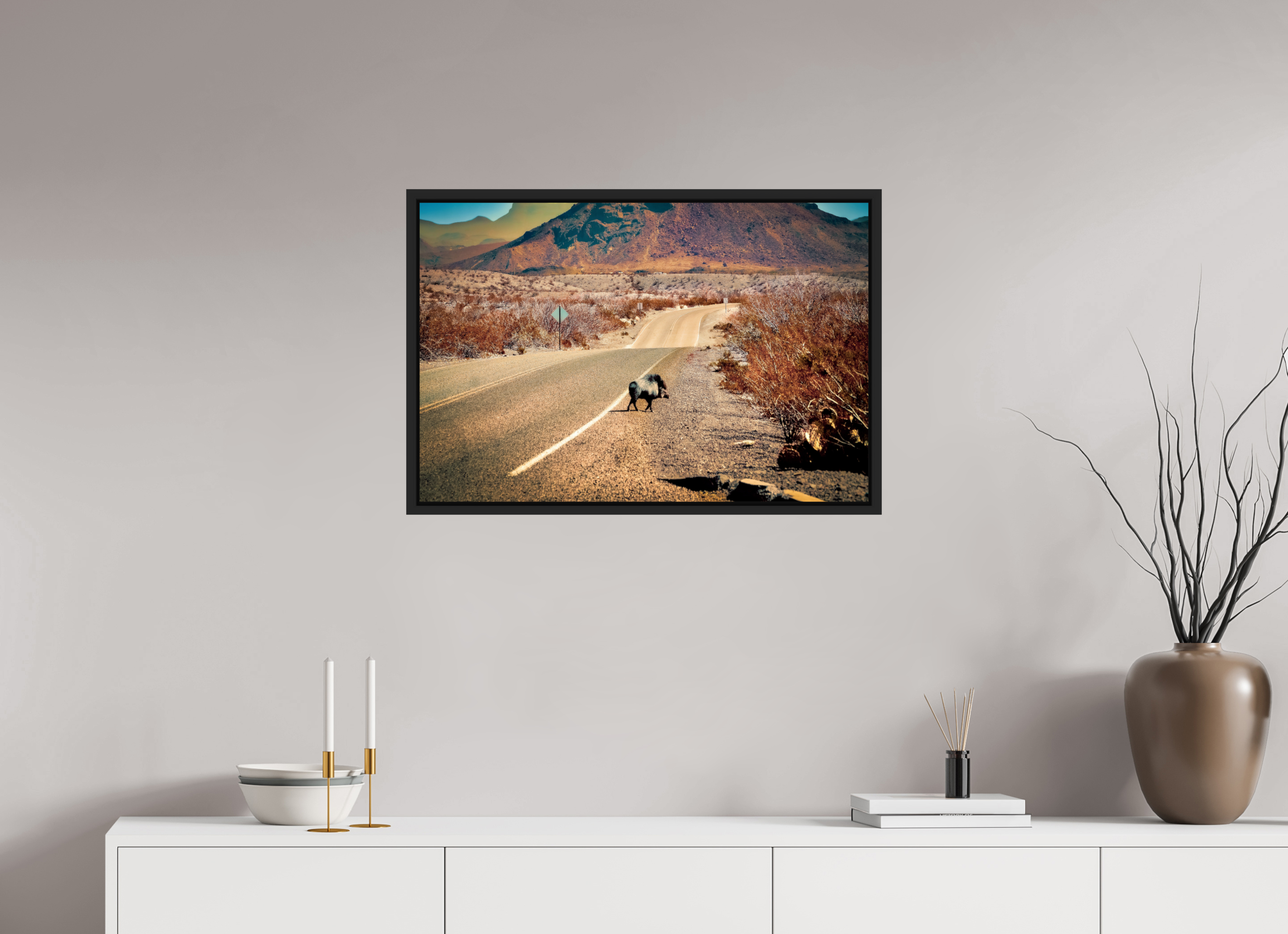 30 x 20″, COLOR - ACRYLIC GLASS - SIMPLE FRAME Javelina on a movie set