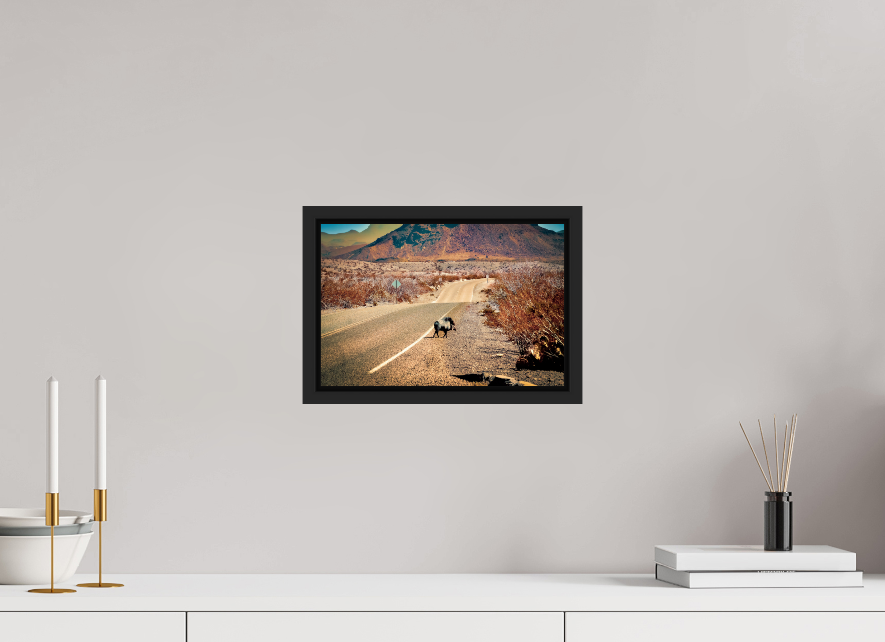 12 x 8″, COLOR - ACRYLIC GLASS - SIMPLE FRAME Javelina on a movie set