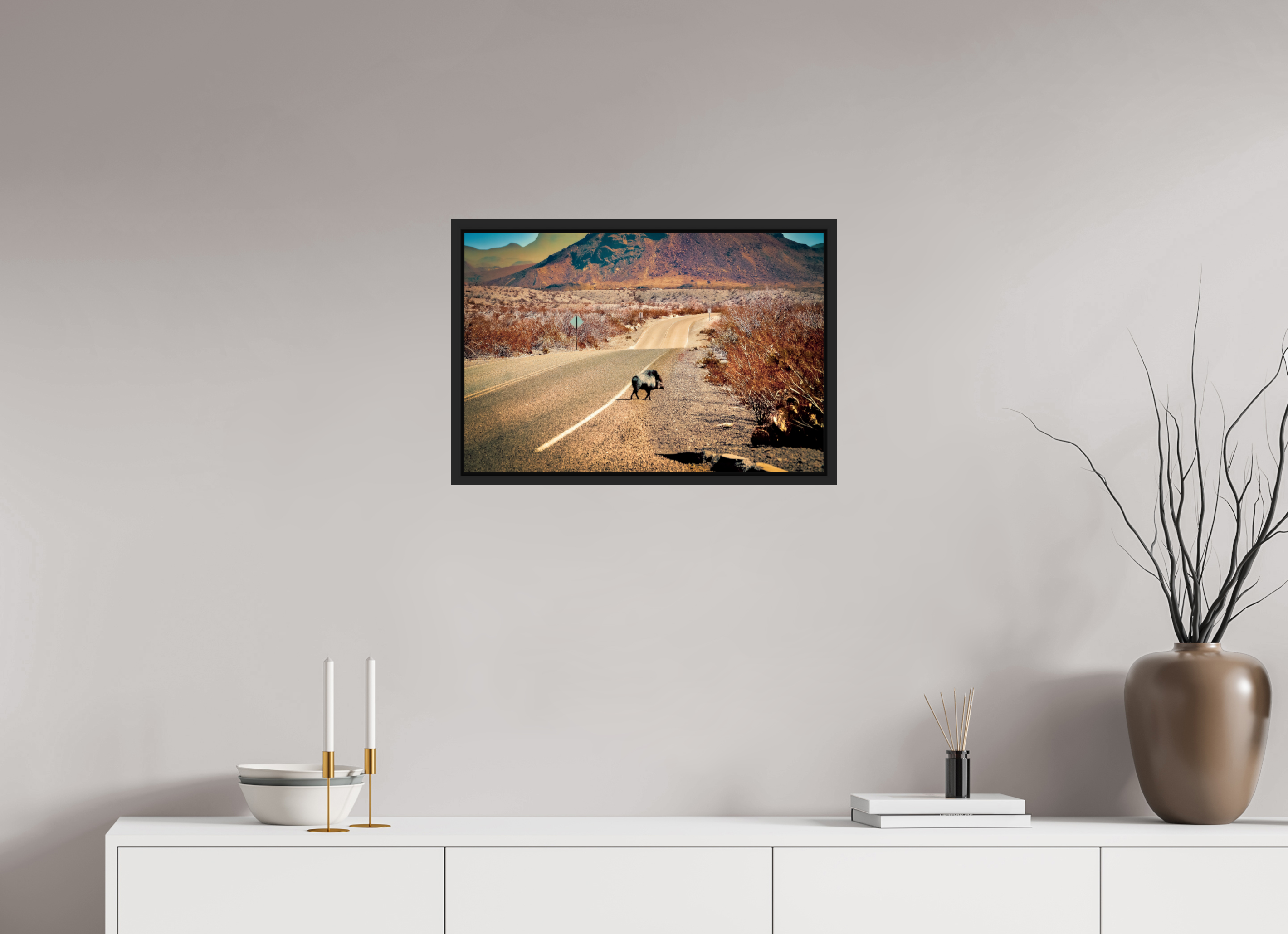 24 x 16″, COLOR - ACRYLIC GLASS - SIMPLE FRAME Javelina on a movie set